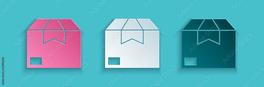 Paper cut Carton cardboard box icon isolated on blue background. Box, package, parcel sign. Delivery