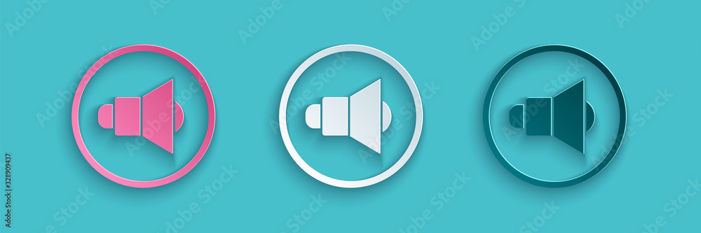 Paper cut Speaker volume, audio voice sound symbol, media music icon isolated on blue background. Pa