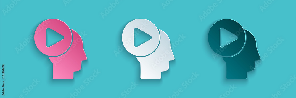 Paper cut Head people with play button icon isolated on blue background. Paper art style. Vector Ill