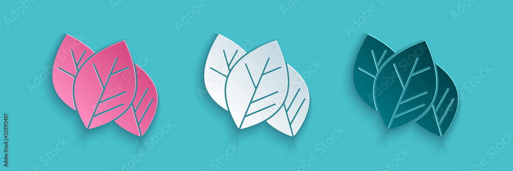 Paper cut Leaf icon isolated on blue background. Leaves sign. Fresh natural product symbol. Paper ar