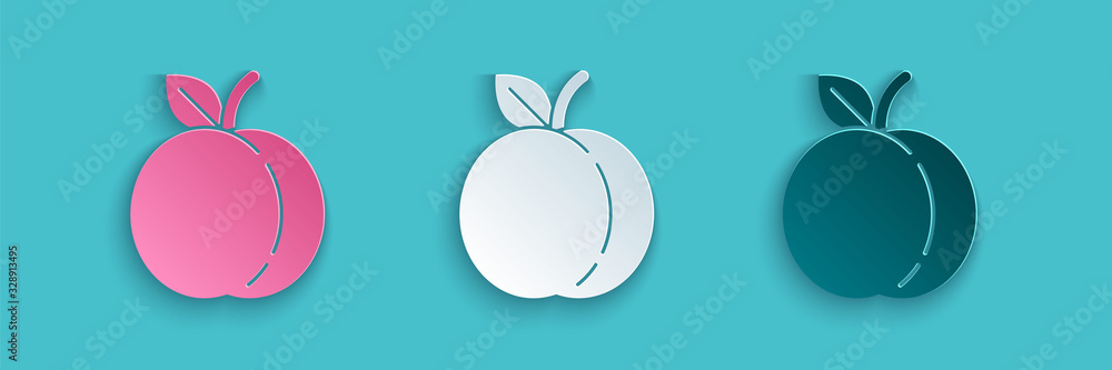 Paper cut Peach fruit or nectarine with leaf icon isolated on blue background. Paper art style. Vect