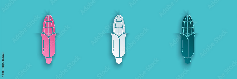 Paper cut Corn icon isolated on blue background. Paper art style. Vector Illustration