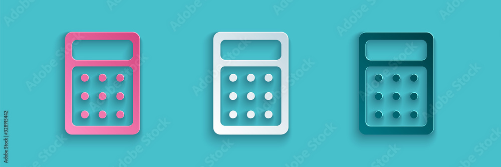 Paper cut Calculator icon isolated on blue background. Accounting symbol. Business calculations math