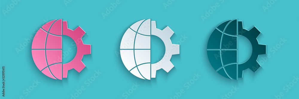 Paper cut Globe of the Earth and gear or cog icon isolated on blue background. Setting parameters. G