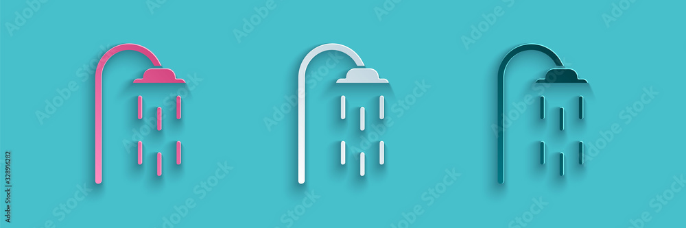 Paper cut Shower head with water drops flowing icon isolated on blue background. Paper art style. Ve