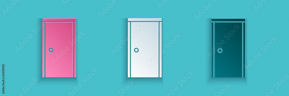 Paper cut Closed door icon isolated on blue background. Paper art style. Vector Illustration