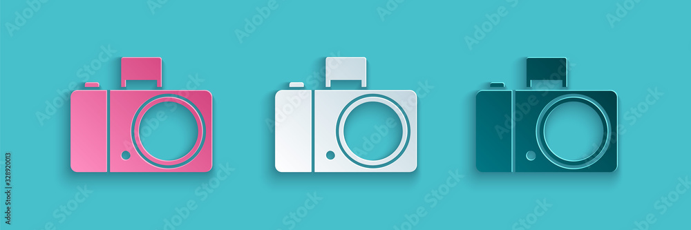 Paper cut Photo camera icon isolated on blue background. Foto camera icon. Paper art style. Vector I