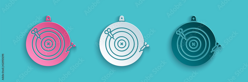 Paper cut Classic dart board and arrow icon isolated on blue background. Dartboard sign. Game concep