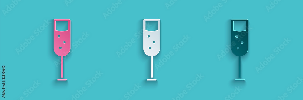 Paper cut Glass of champagne icon isolated on blue background. Paper art style. Vector Illustration