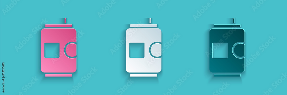 Paper cut Beer can icon isolated on blue background. Paper art style. Vector Illustration