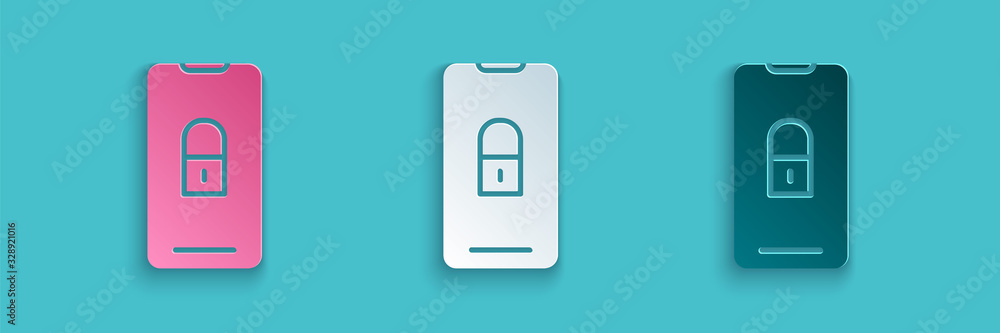 Paper cut Smartphone with closed padlock icon isolated on blue background. Phone with lock. Mobile s