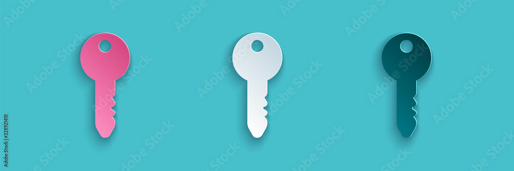 Paper cut Key icon isolated on blue background. Paper art style. Vector Illustration