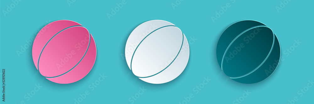 Paper cut Beach ball icon isolated on blue background. Paper art style. Vector Illustration