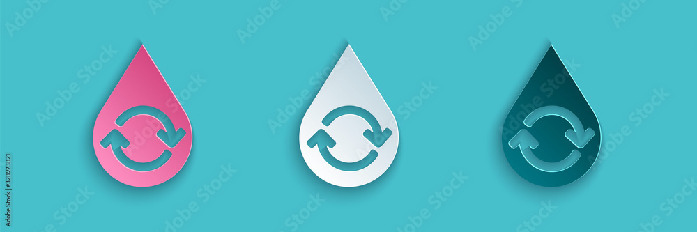 Paper cut Recycle clean aqua icon isolated on blue background. Drop of water with sign recycling. Pa