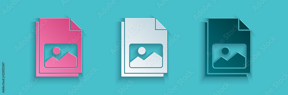 Paper cut Picture landscape icon isolated on blue background. Paper art style. Vector Illustration