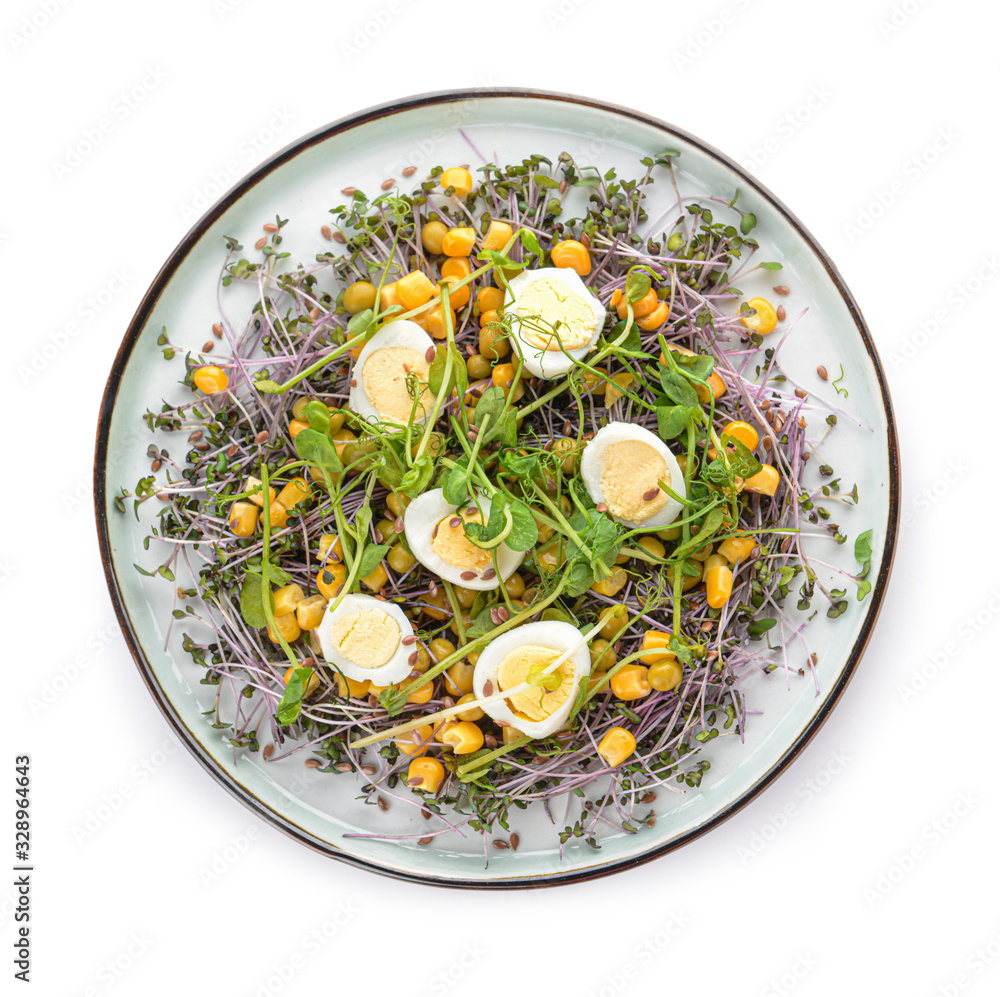 Plate with tasty salad on white background