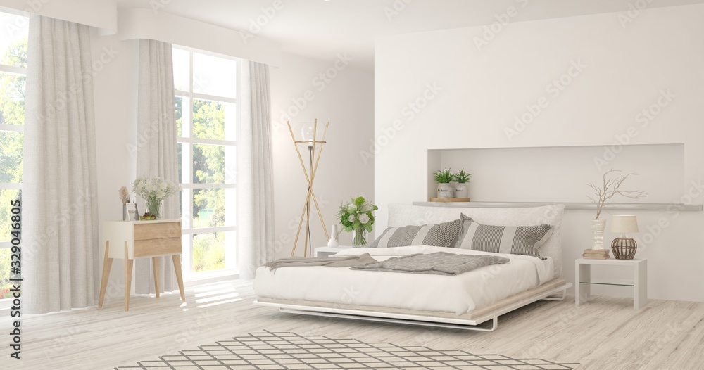 Stylish bedroom in white color. Scandinavian interior design. 3D illustration