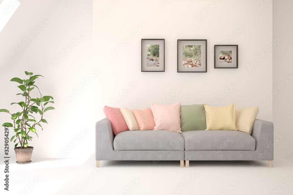 Modern living room in white color with sofa. Scandinavian interior design. 3D illustration