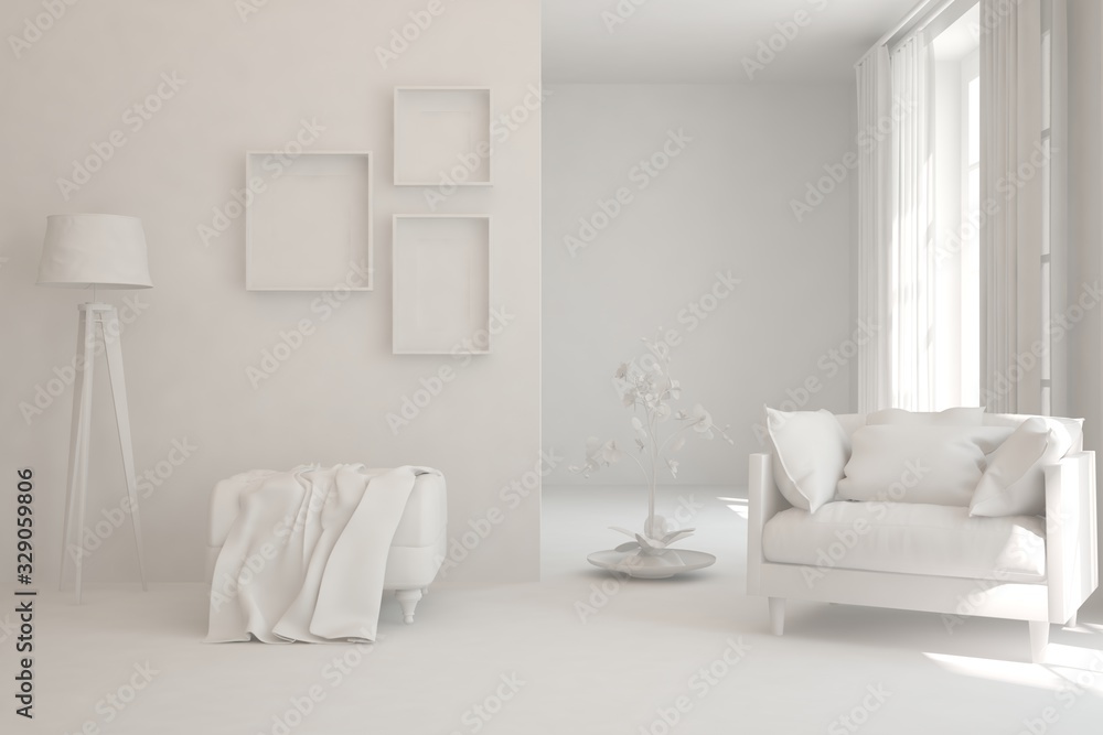 Mock up of stylish room in white color with armchair. Scandinavian interior design. 3D illustration