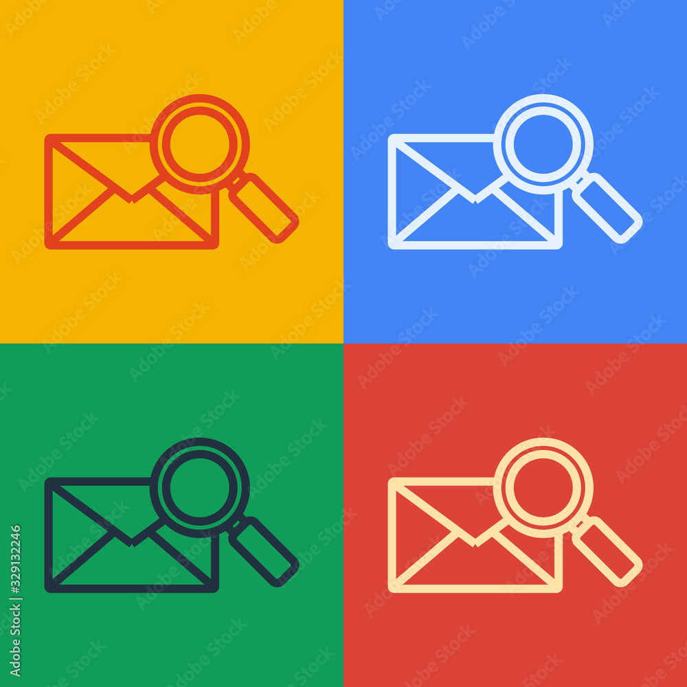 Pop art line Envelope mail with magnifying glass icon isolated on color background. Vector Illustrat