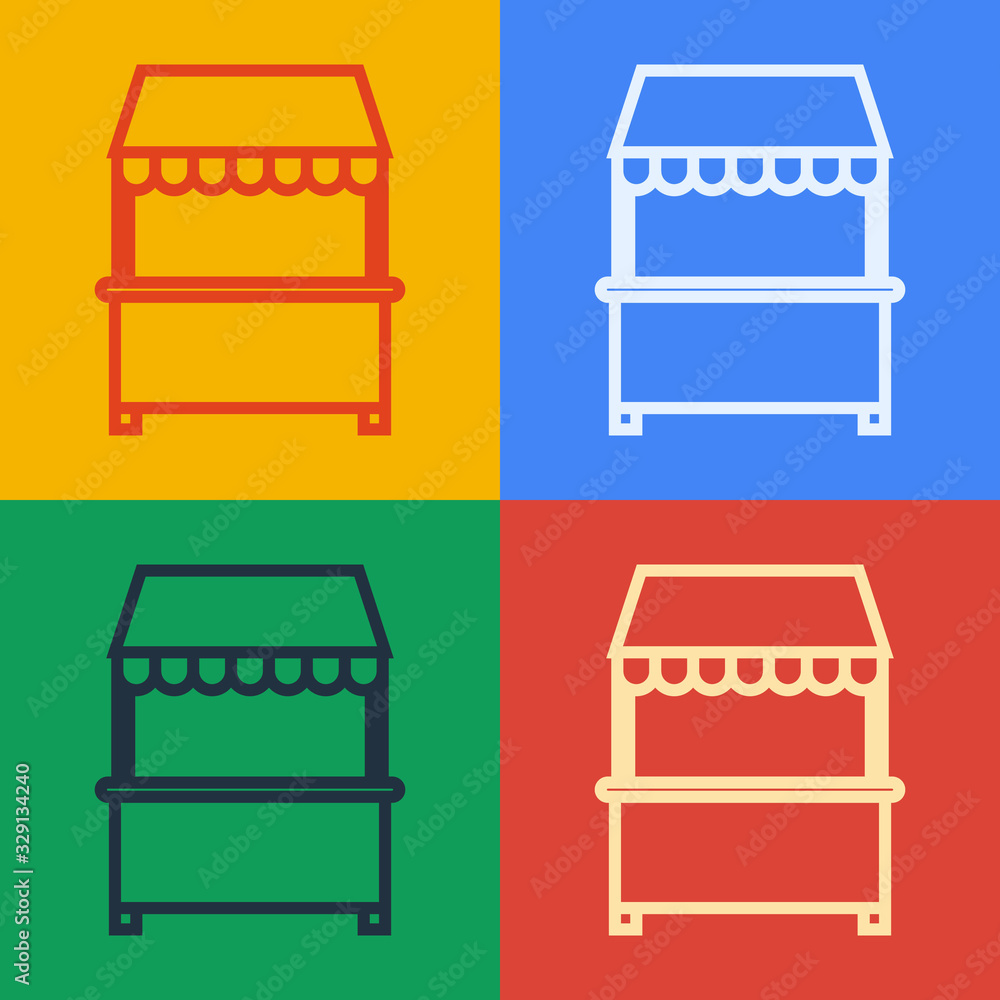 Pop art line Street stall with awning and wooden rack icon isolated on color background. Kiosk with 