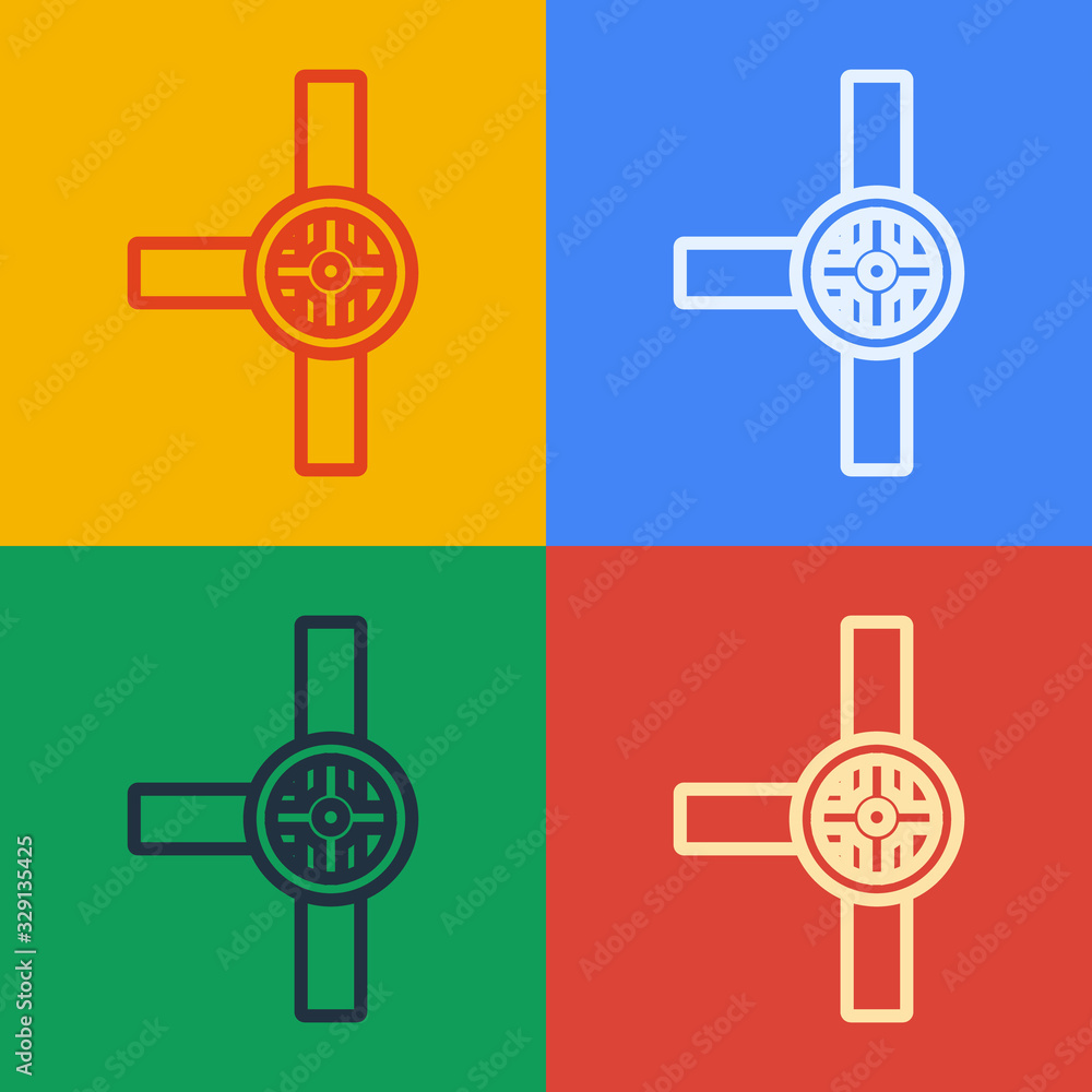 Pop art line Industry metallic pipes and valve icon isolated on color background. Vector Illustratio