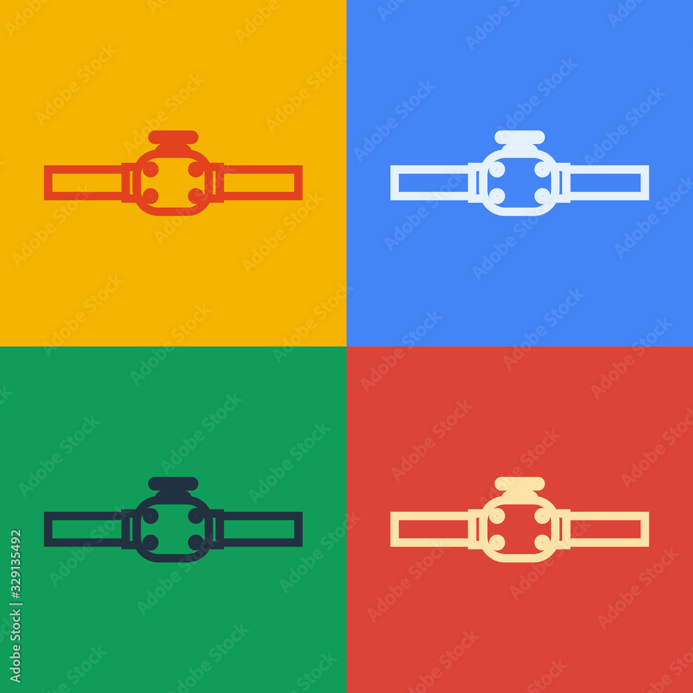 Pop art line Industry metallic pipes and valve icon isolated on color background. Vector Illustratio