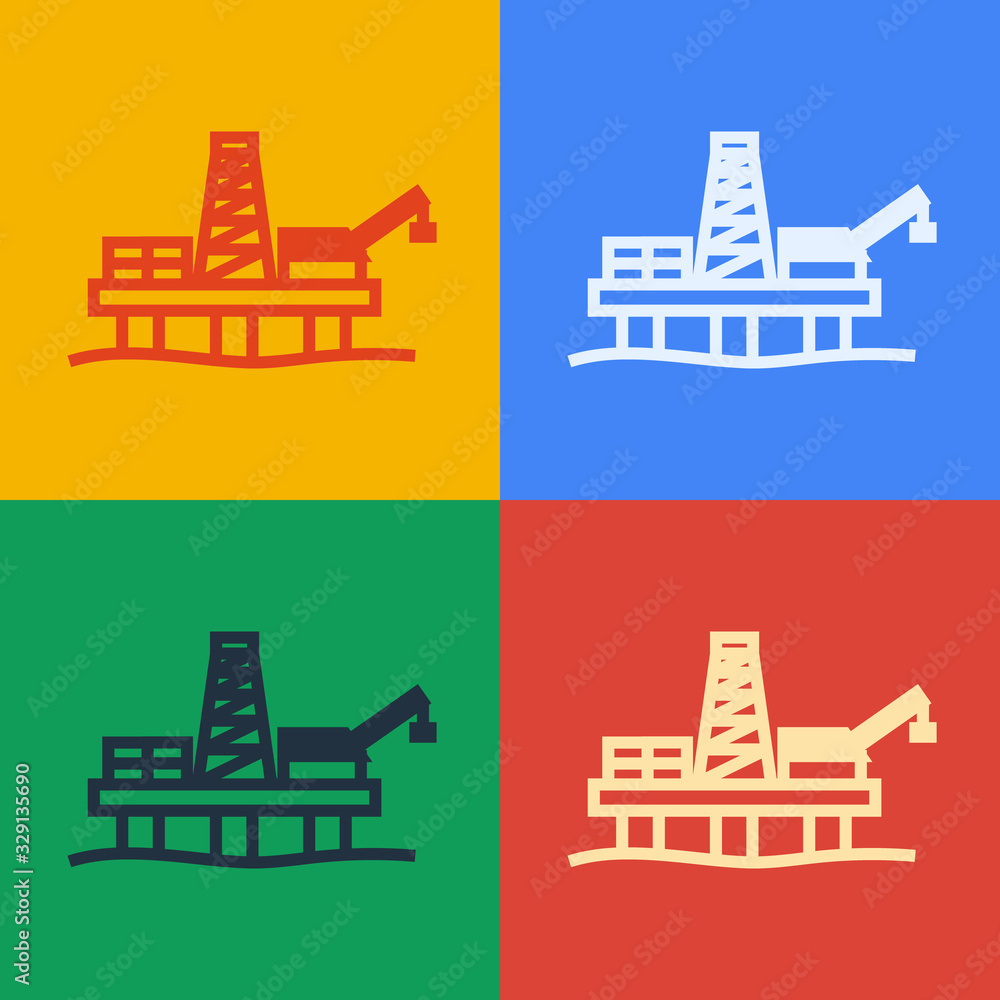 Pop art line Oil platform in the sea icon isolated on color background. Drilling rig at sea. Oil pla