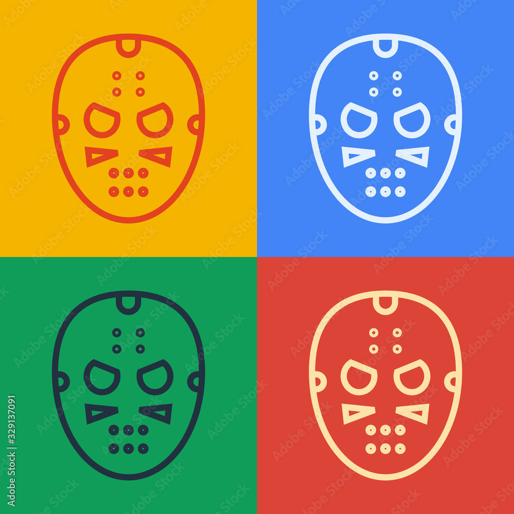 Pop art line Hockey mask icon isolated on color background. Vector Illustration