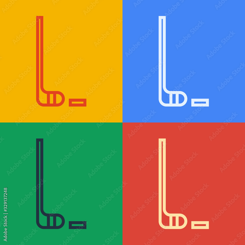 Pop art line Ice hockey stick and puck icon isolated on color background. Vector Illustration