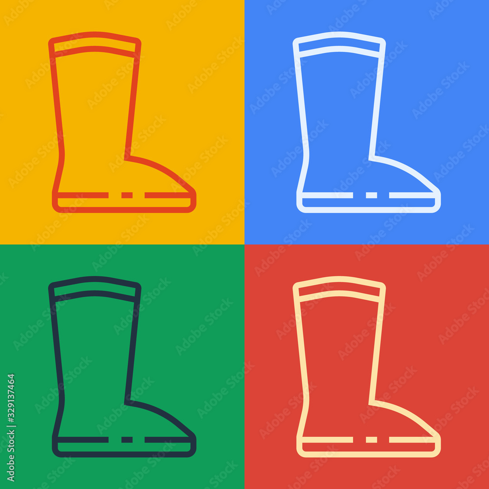 Pop art line Waterproof rubber boot icon isolated on color background. Gumboots for rainy weather, f