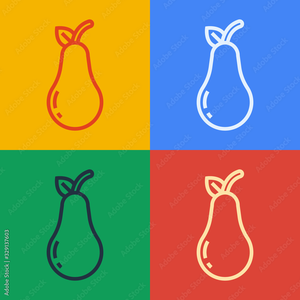 Pop art line Pear icon isolated on color background. Fruit with leaf symbol. Vector Illustration