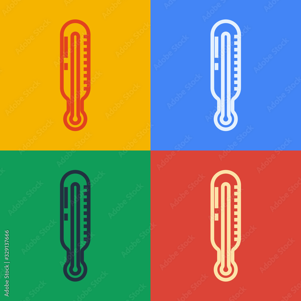 Pop art line Meteorology thermometer measuring icon isolated on color background. Thermometer equipm