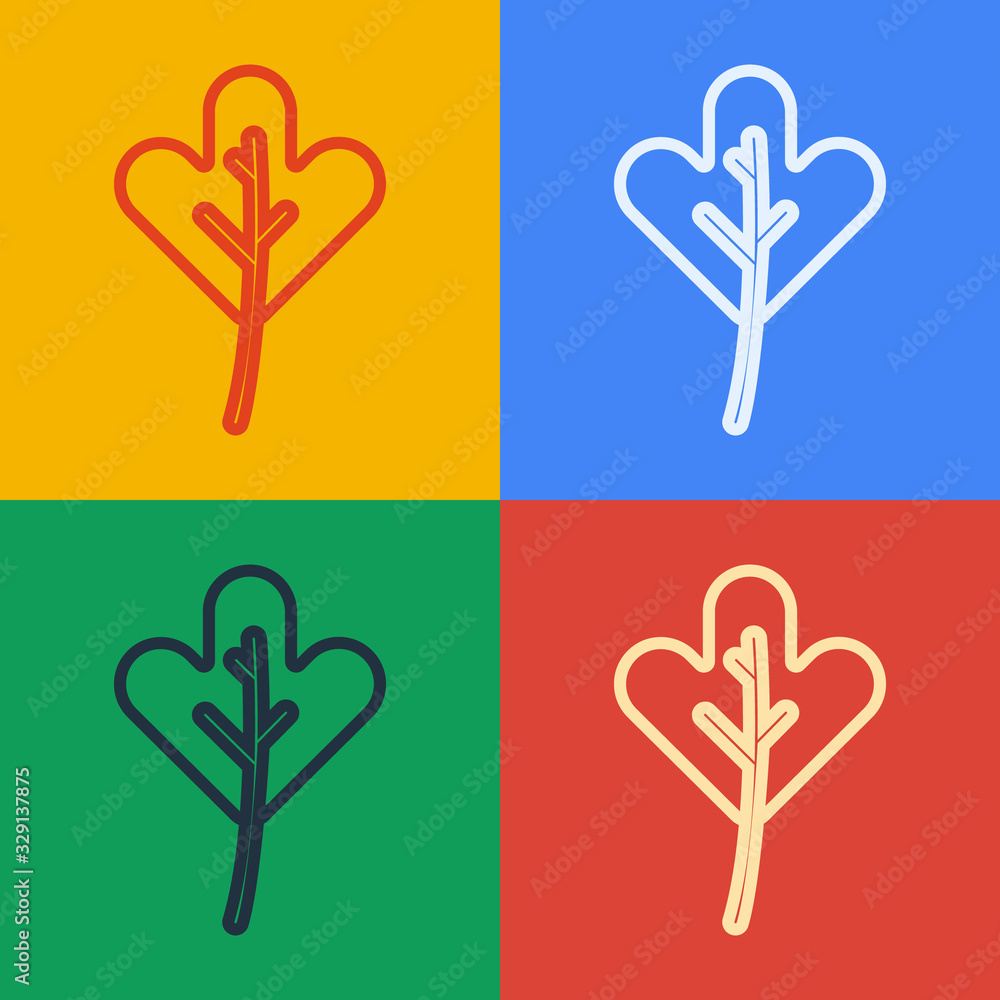 Pop art line Leaf icon isolated on color background. Leaves sign. Fresh natural product symbol. Vect