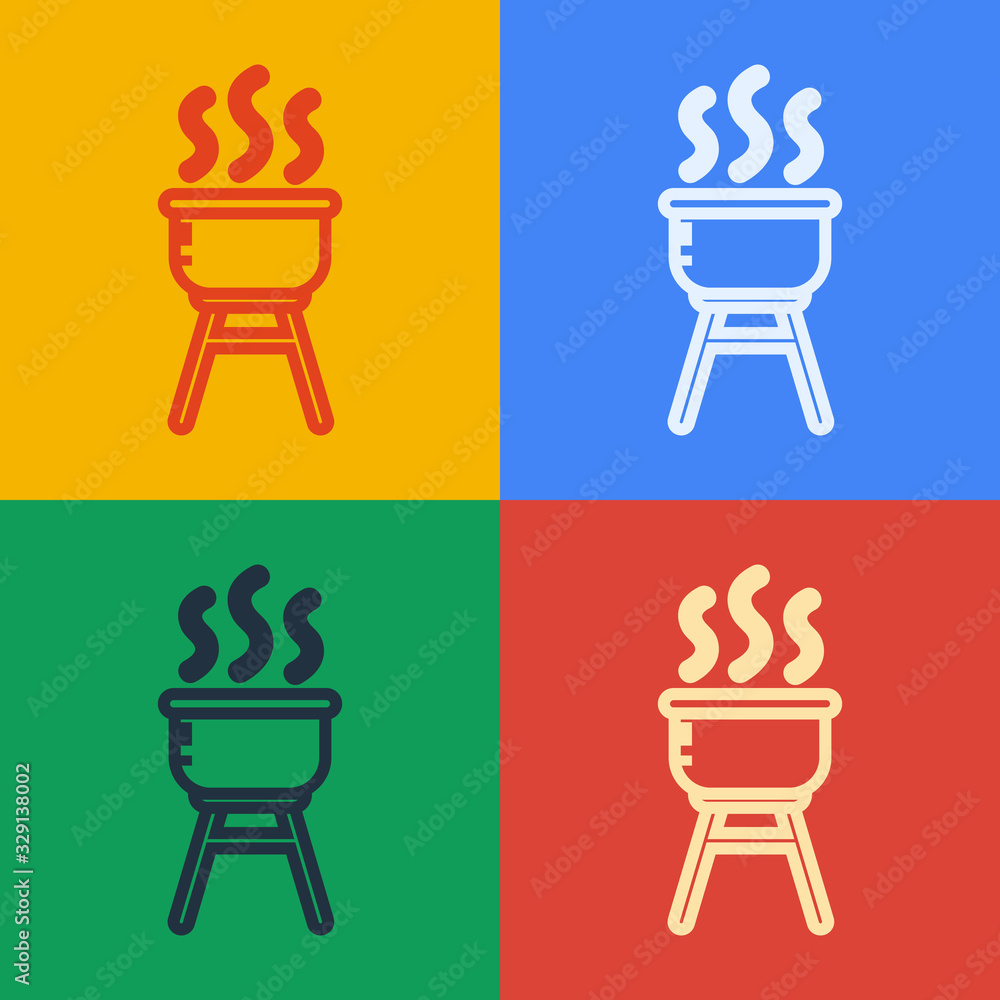 Pop art line Barbecue grill icon isolated on color background. BBQ grill party. Vector Illustration