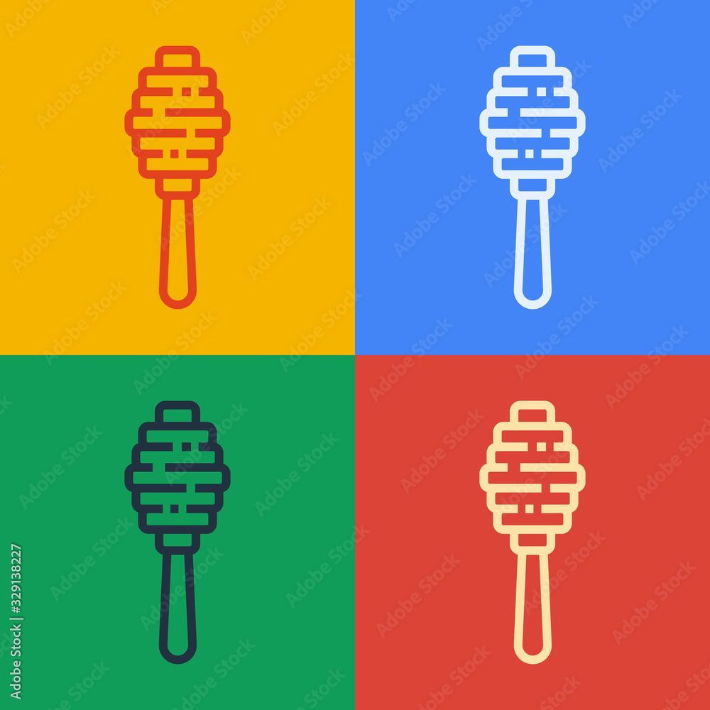 Pop art line Honey dipper stick icon isolated on color background. Honey ladle. Vector Illustration