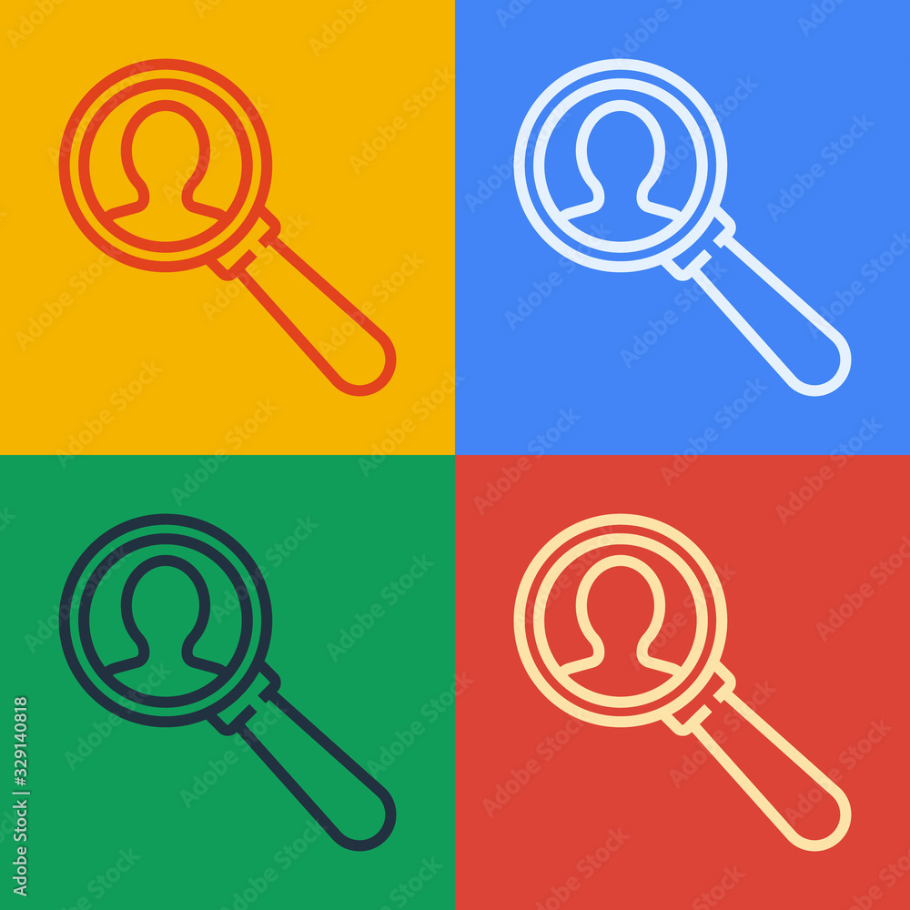 Pop art line Magnifying glass for search a people icon isolated on color background. Recruitment or 