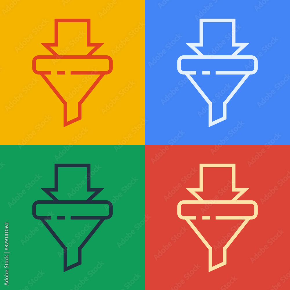 Pop art line Sales funnel with arrows for marketing and startup business icon isolated on color back