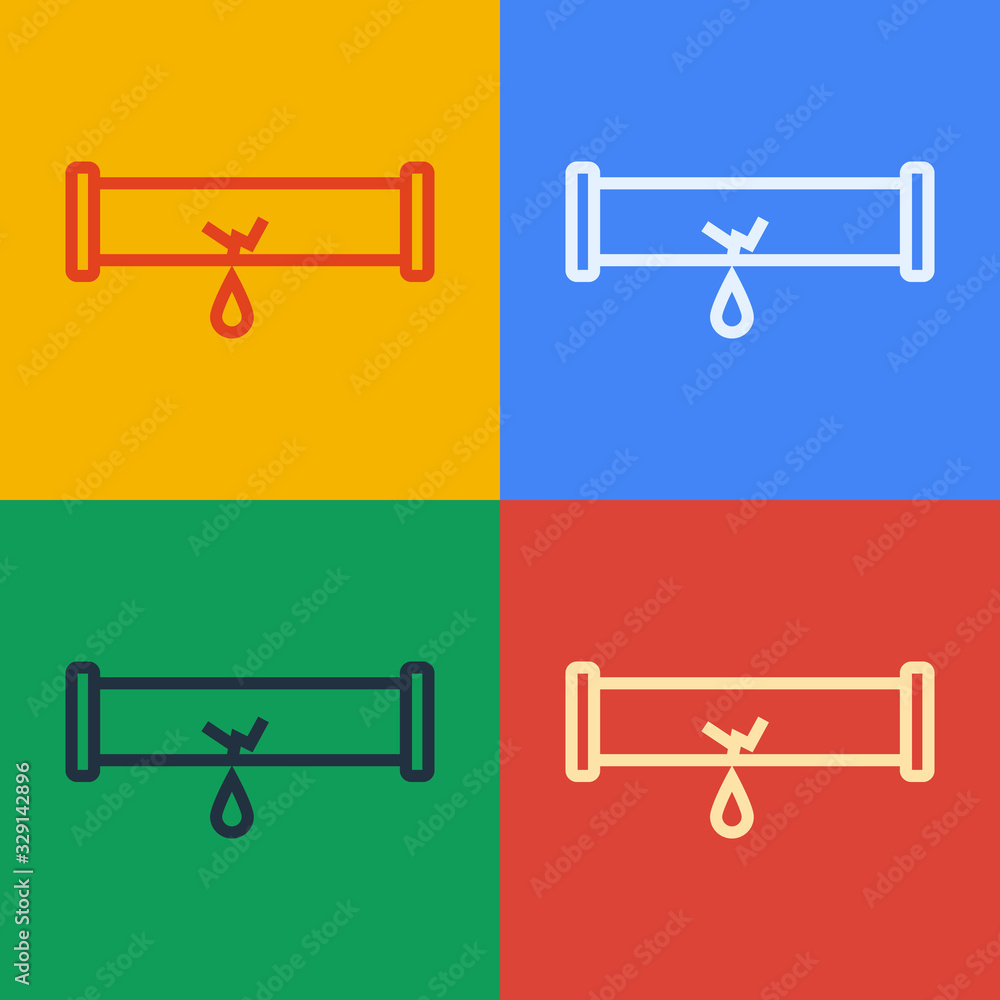 Pop art line Broken metal pipe with leaking water icon isolated on color background. Vector Illustra