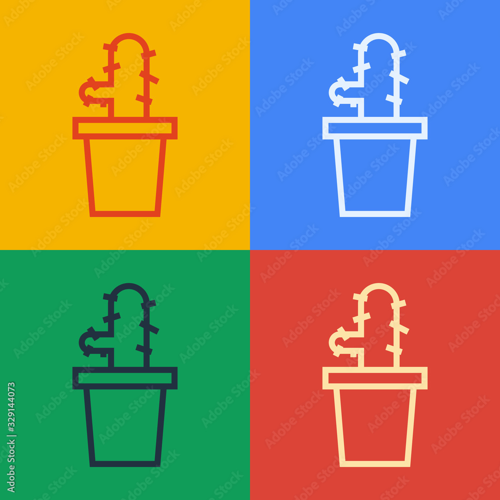 Pop art line Cactus peyote in pot icon isolated on color background. Plant growing in a pot. Potted 