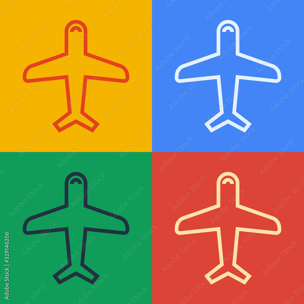 Pop art line Plane icon isolated on color background. Flying airplane icon. Airliner sign. Vector Il