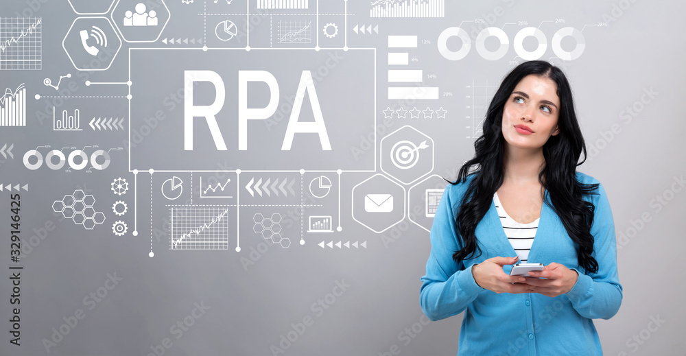 Robotic process automation concept with thoughtful young woman holding a smartphone