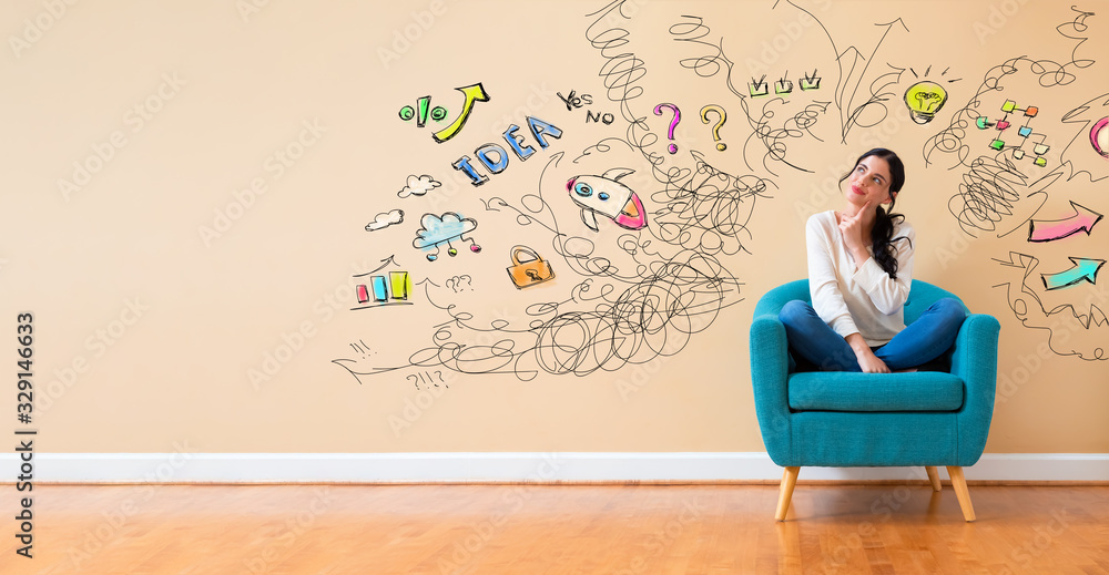 Many thoughts with woman in a thoughtful pose in a chair