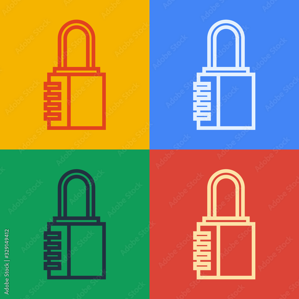 Pop art line Safe combination lock icon isolated on color background. Combination padlock. Security,