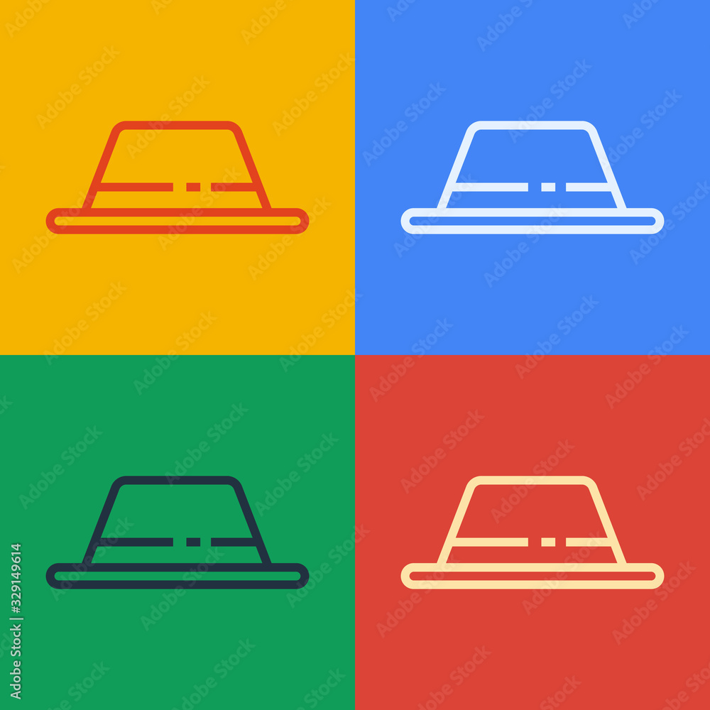 Pop art line Man hat with ribbon icon isolated on color background. Vector Illustration