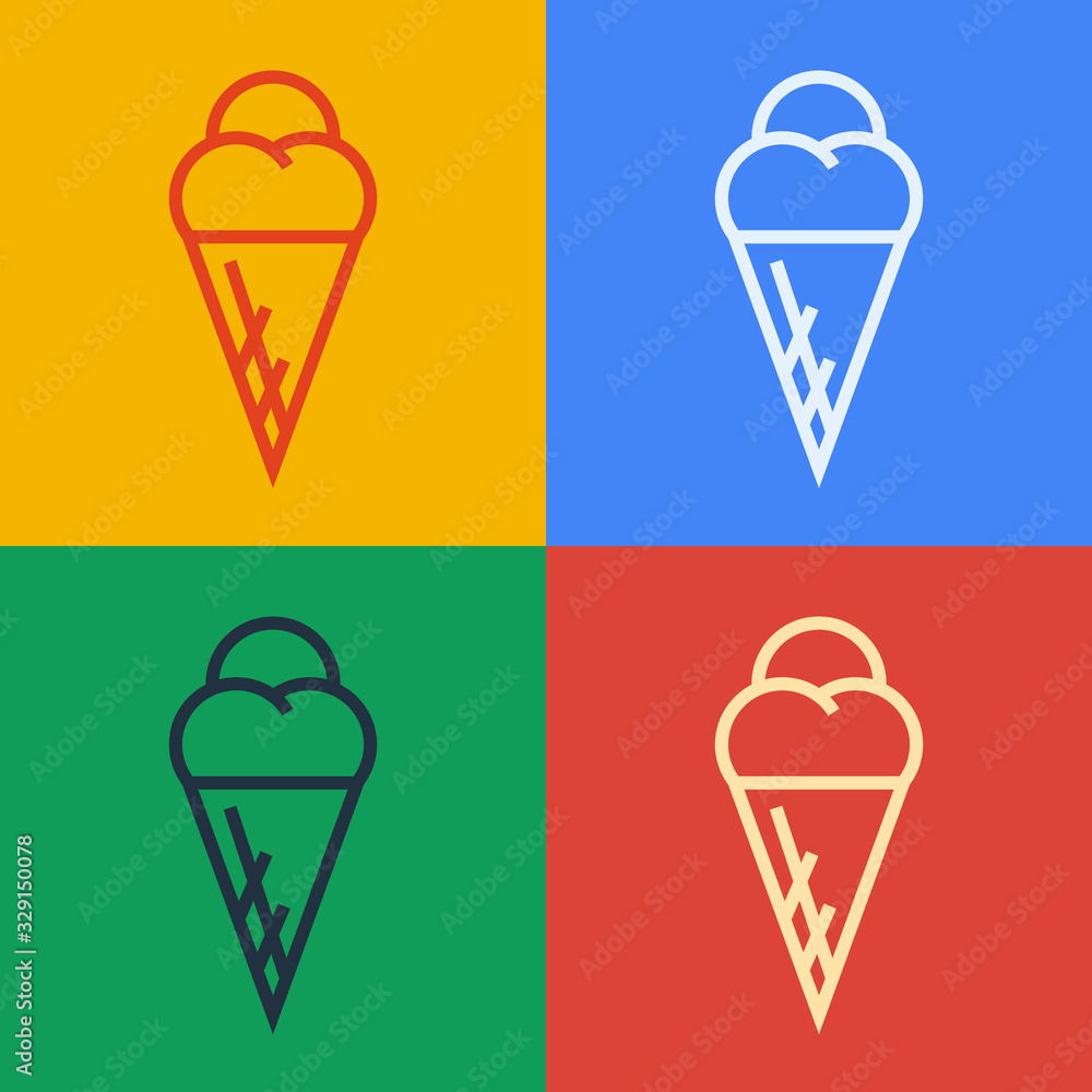 Pop art line Ice cream in waffle cone icon isolated on color background. Sweet symbol. Vector Illust