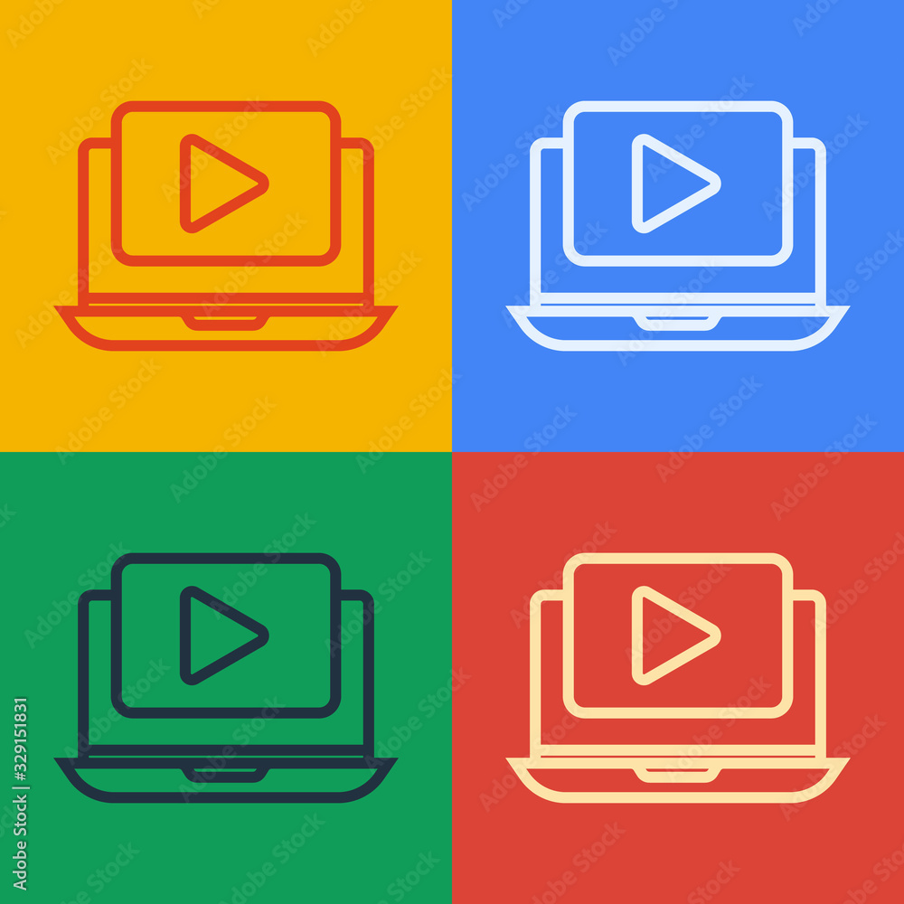 Pop art line Online play video icon isolated on color background. Laptop and film strip with play si