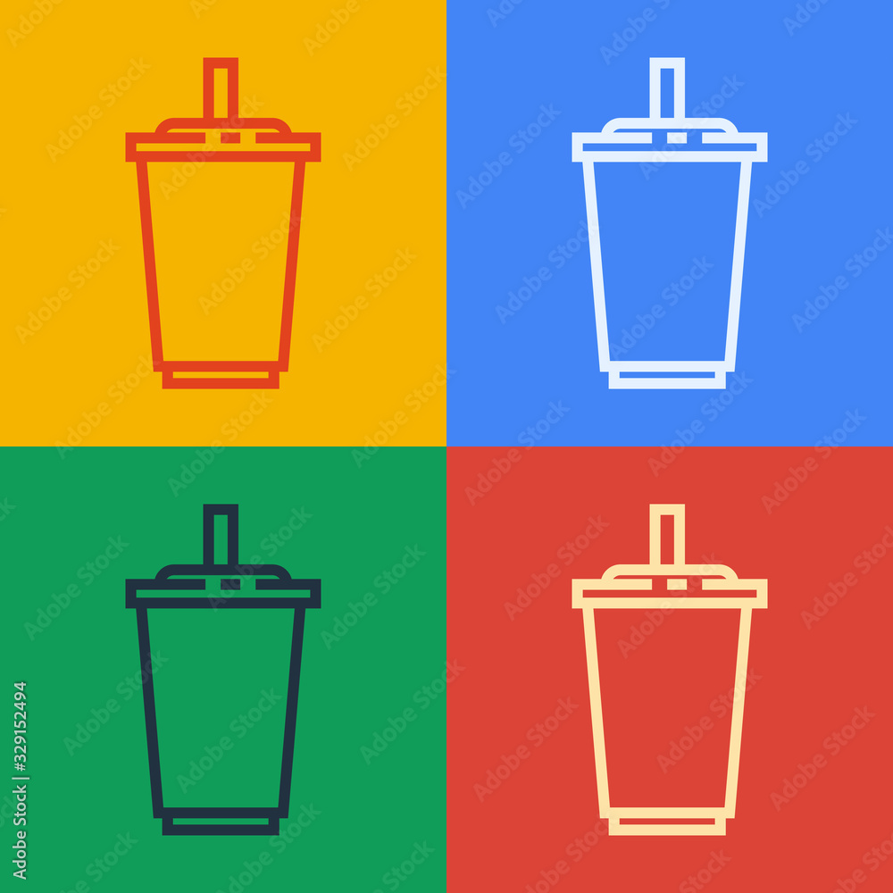 Pop art line Paper glass with drinking straw and water icon isolated on color background. Soda drink