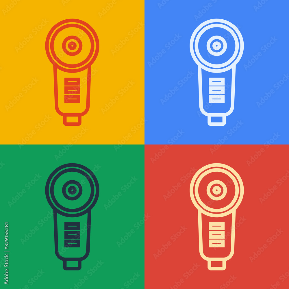 Pop art line Angle grinder icon isolated on color background. Vector Illustration