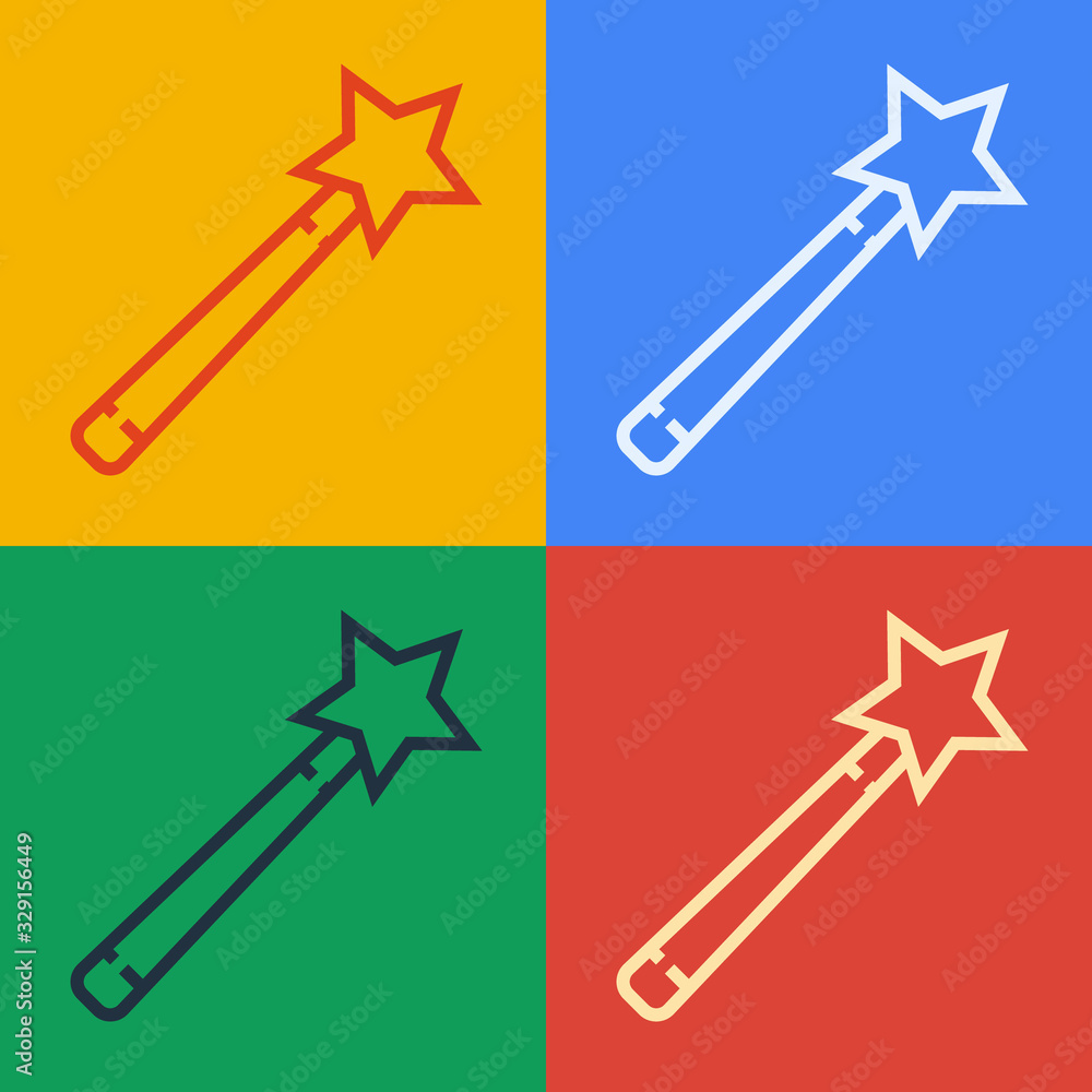 Pop art line Magic wand icon isolated on color background. Star shape magic accessory. Magical power